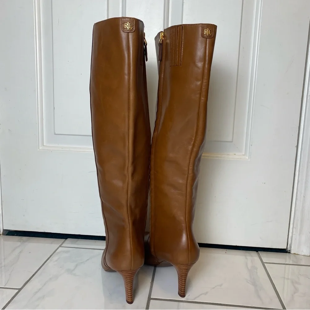 Ralph Lauren caelynn tall knee high caramel leather boots short heel 9.5 NEW - Picture 8 of 13